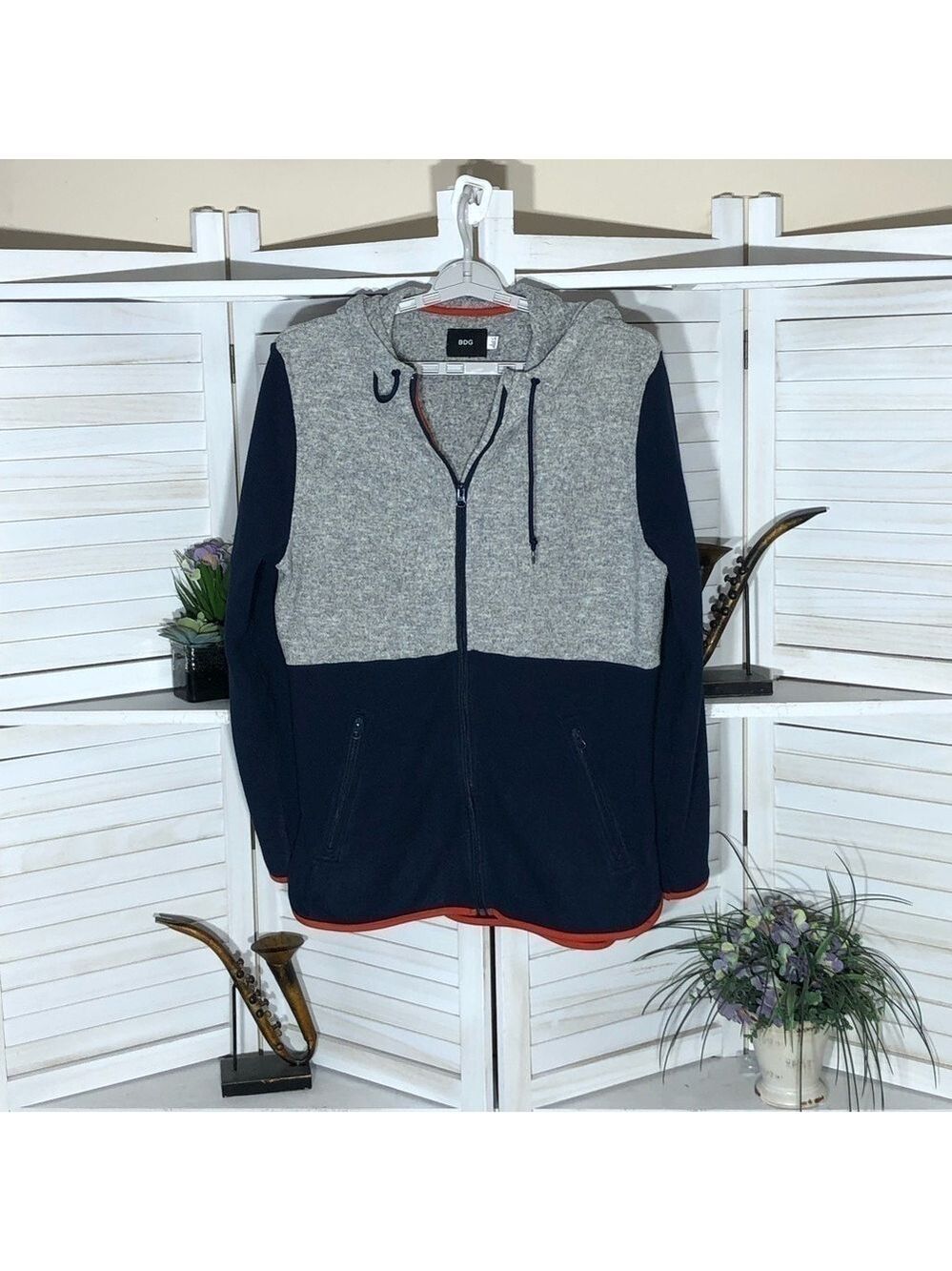 BDG Gray Blue Fleece Hooded Zip Sweatshirt Large